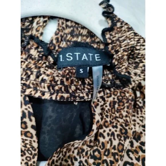NWT 1State Cheetah Whimsy Blouse Top Short Fairy Sleeve VNeck Choker Style Small - Picture 13 of 14